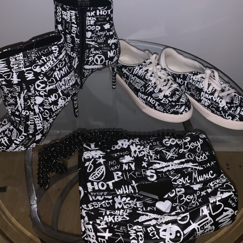 Black n white graffiti bootie, purse ,sneaker set